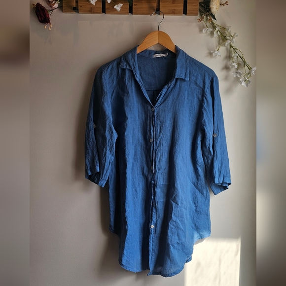 Linen Luv Tops - Light Blue Button-Up Linen Shirt - Casual Collared Shirt Made In Italy